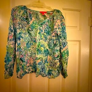 Lilly Pulitzer Blue and Green Ruffled XL Tunic Blouse